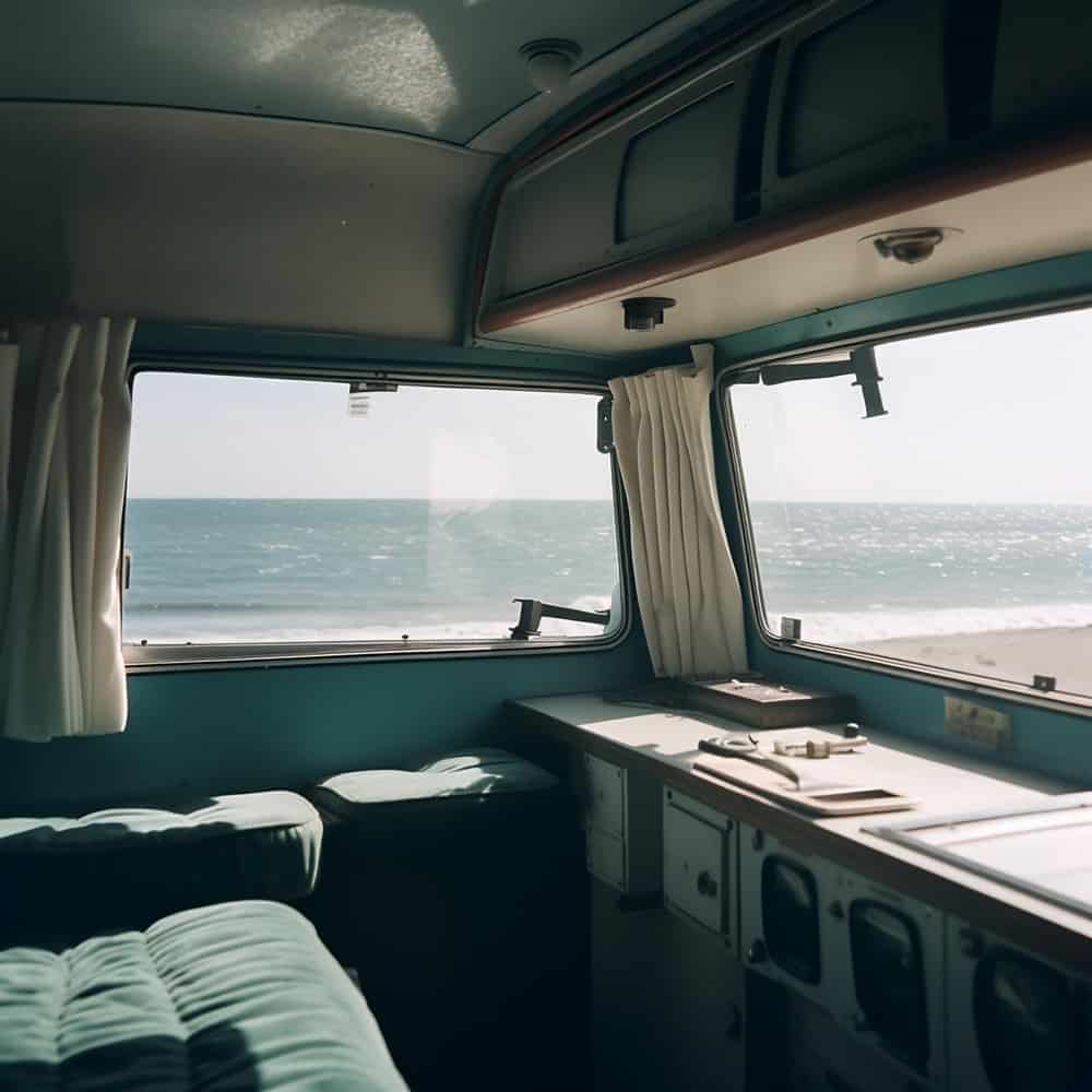 interior large caravan auto trailer outside window sees beautiful natural landscape sea