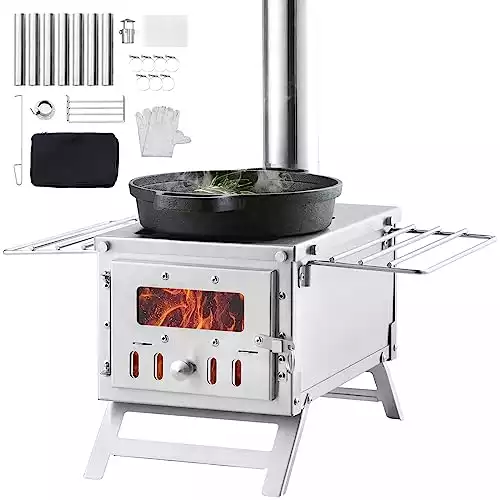 VEVOR Camping Wood Stove Stainless Steel Camping Tent Stove, Portable Wood Burning Stove with Chimney Pipes & Gloves, 700in³Firebox Hot Tent Stove for Outdoor Cooking and Heating with 8 Pipes