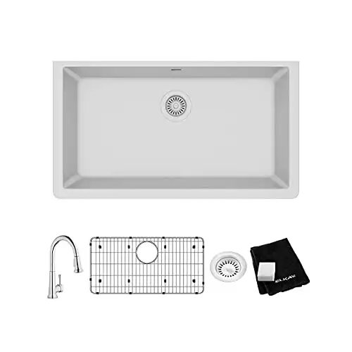 Elkay Quartz Classic ELGRU13322WH0FC 33" Single Bowl Undermount Sink Kit with Faucet, White