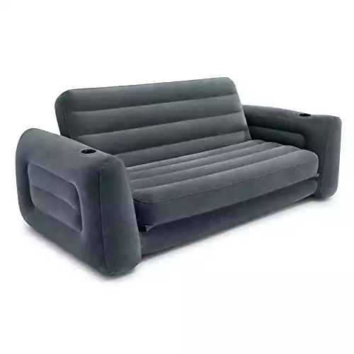 INTEX 66552EP Inflatable Pull-Out Sofa: Built-in Cupholder – Velvety Surface – 2-in-1 Valve – Folds Compactly – 80" x 91" x 26", Grey