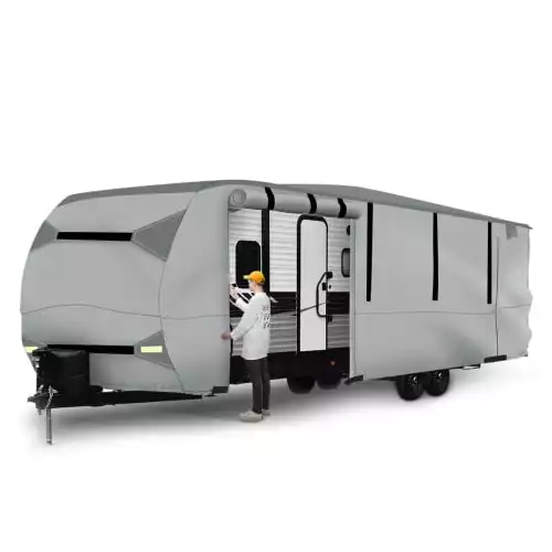 BougeRV Travel Trailer RV Snow Cover, Fit for 18'-20' Travel Trailer Camper 4 Layers Top Motorhome RV Windproof RV Accessories Parts Gray (with Jack Cover & Patch Kit)