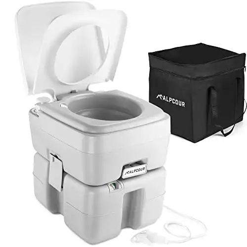 Alpcour Portable Toilet – Compact Indoor & Outdoor Commode w/Travel Bag for Camping, RV, Boat – Piston Pump Flush, 5.3 Gallon Waste Tank, Built-In Pour Spout & Washing Sprayer for Easy Cle...