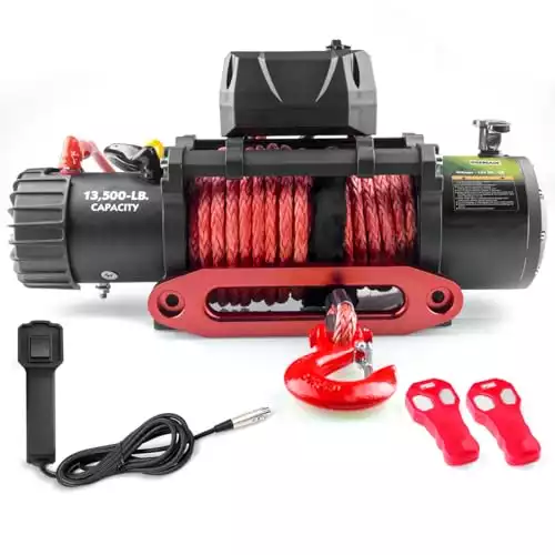 RUGCEL WINCH 13500lb Waterproof Electric Red Synthetic Rope Winch with Hawse Fairlead, Wired Handle and 2 Wireless Remote (RED)