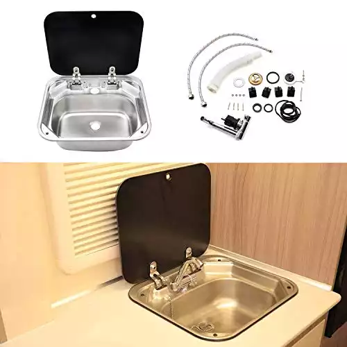 MotorFansClub Single Bowl RV Hand Wash Rectangular Basin Sink with Lid Fit for RV Caravan Camper Kitchen Stainless Steel Sink 16.5 x 14.3 x 6.3 Inches