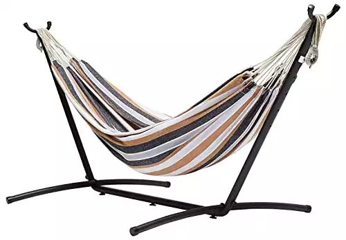 Amazon Basics Double Hammock with 9-Foot Space Saving Steel Stand and Carrying Case, 400 lb Capacity, 46.01 x 118 x 39.37 in, Multi Color, 50.39"L x 9.64"W