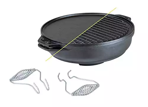 Lodge Cast Iron Cook-It-All Kit. Five-Piece Cast Iron Set includes a Reversible Grill/Griddle 14 Inch, 6.8 Quart Bottom/Wok, Two Heavy Duty Handles, and a Tips & Tricks Booklet.