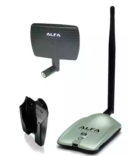 Alfa AWUS036NH 2000mW 2W 802.11g/n High Gain USB Wireless G/N Long-Range WiFi Network Adapter with 5dBi Screw-On Swivel Rubber Antenna and 7dBi Panel Antenna and Suction Cup/Clip Window Mount