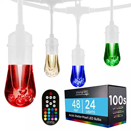 Enbrighten Premium Color Changing String Lights, 48ft White Cord, 24 Shatterproof Acrylic Bulbs, Weatherproof, Remote Control, Dimmable RGB LED, Outdoor String Lights, 39092