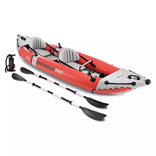 Intex 68309EP Excursion Pro Inflatable 2 Person Vinyl Kayak with Aluminum Oars, Fishing Rod Holders, and High Output Pump for Rivers, Lakes, & Ocean
