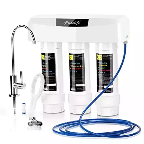Frizzlife Under Sink Water Filter System with Brushed Nickel Faucet SP99, NSF 42&53 Certified, 0.5 Micron High Precision Removes 99.99% Lead, Chlorine, chloramine, Fluoride - Tankless Quick Change