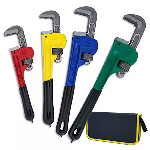 KOTTO 4 Pack Set Heavy Duty Pipe Wrench Set Heat Treated Adjustable 8, 10, 12, 14 Inches Soft Grip Plumbing Wrench Set with Storage Bag (Colored)