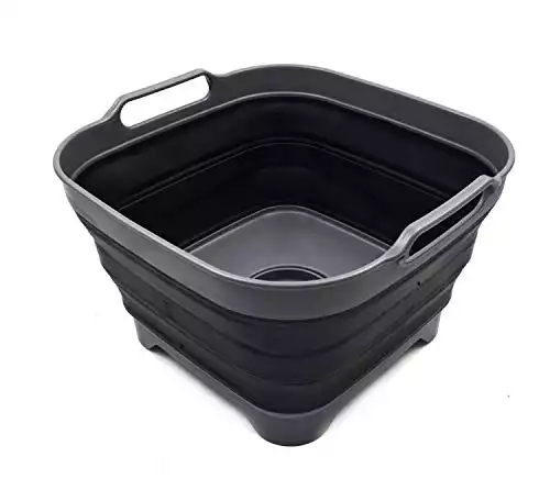SAMMART 10L (2.64 Gallon) Collapsible Dishpan with Draining Plug - Foldable Washing Basin - Portable Dish Washing Tub - Space Saving Kitchen Storage Tray (1, Grey/Black)
