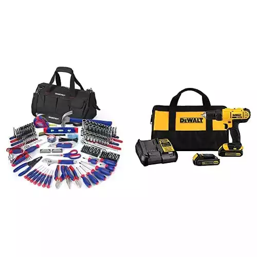 WORKPRO 322-Piece Home Repair Hand Tool Kit Basic Household Tool Set with Carrying Bag & DEWALT 20V Max Cordless Drill/Driver Kit, Compact, 1/2-Inch (DCD771C2), Yellow