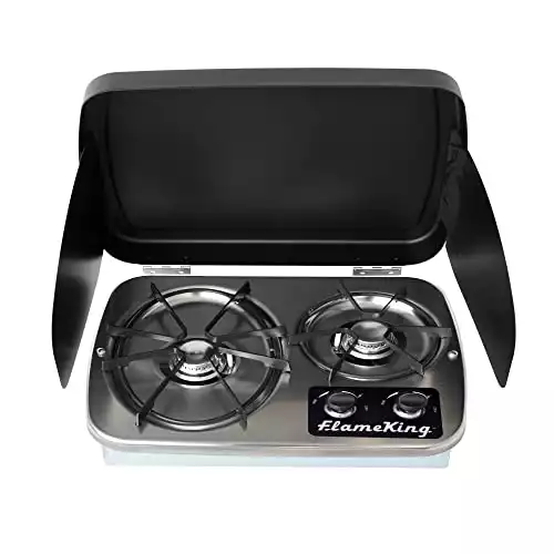 Flame King YSNHT600 2-Burner Built-in RV Cooktop Propane Stove, 7200 and 5200 BTU Burners, Self-Igniting, Cover Included, Silver, 18.5" x 13" x 4.5"
