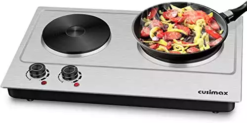 CUSIMAX 1800W Double Hot Plate, Stainless Steel Silver Countertop Burner Portable Electric Double Burners Electric Cast Iron Hot Plates Cooktop, Easy to Clean, Upgraded Version C180N