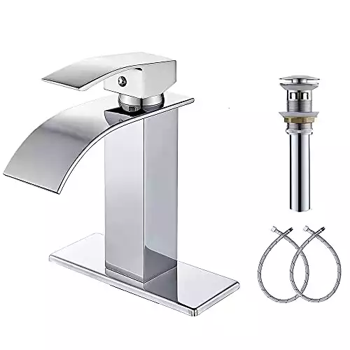 YBlucklly Waterfall Spout Single Handle Bathroom Faucet Chrome Modern Single Hole Bathroom Sink Faucet Rv Lavatory Faucet Basin Washbasin Faucet with Deck Pop-up Drain (One or 3 Hole)