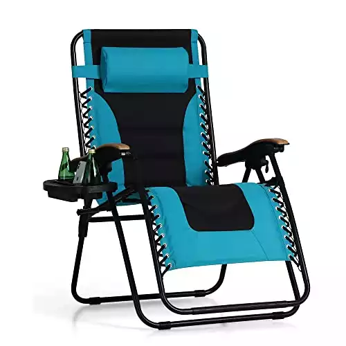 PHI VILLA XXL Oversized Padded Zero Gravity Chair, Foldable Patio Recliner, 30" Wide Seat Anti Gravity Lounger with Cup Holder, Support 400 LBS (Aqua)