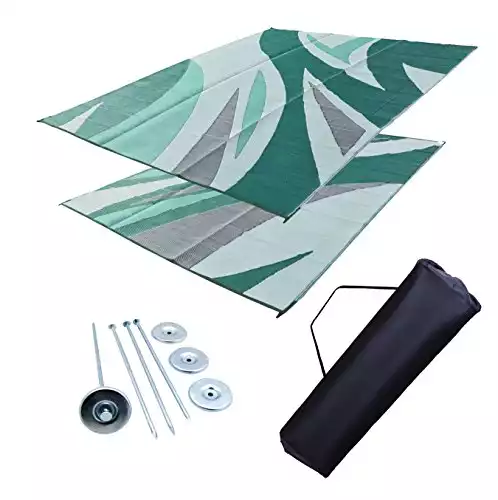 Professional EZ Travel Collection Reversible RV Outdoor Rug for Backyards, Beaches, Camping Grounds, Patios, and More, Storage Bag and Mat Stakes Included, Green/Wave (9x12)