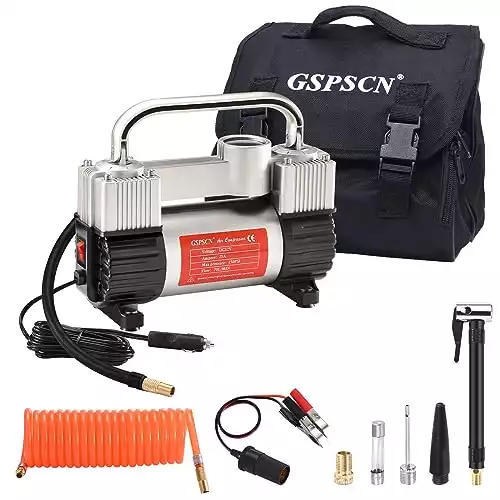 GSPSCN Silver Tire Inflator Heavy Duty Double Cylinders with Portable Bag, Metal 12V Air Compressor Pump 150PSI with Adapter for Car, Truck, SUV Tires, Dinghy, Air Bed etc