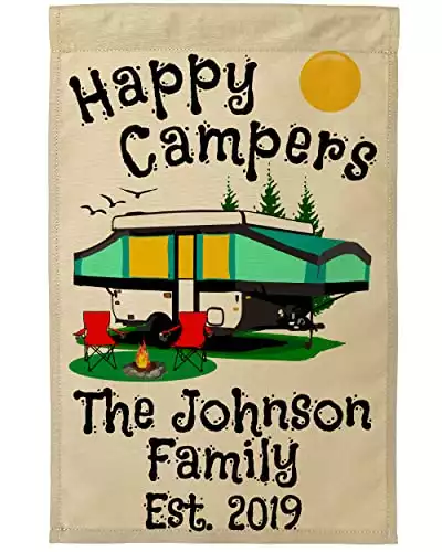 Happy Camper World Personalized Camping Flag, Features a Green Pop-Up Tent Trailer with 3 Additional Lines of Your Custom Text, Printed on Tan Fabric