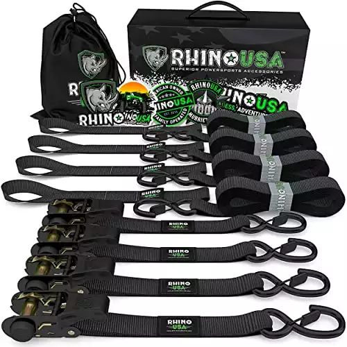 Rhino USA Ratchet Tie Down Straps (4PK) - 1,823lb Guaranteed Max Break Strength, Includes (4) Premium 1" x 15', with Padded Handles. Best for Moving, Securing Cargo (Black 4-Pack)