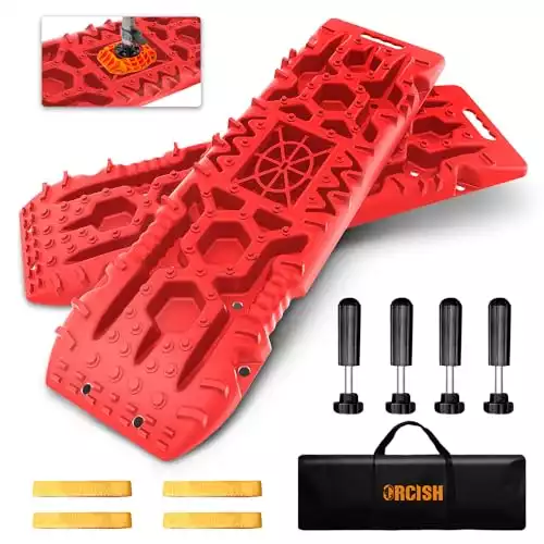 ORCISH New 2PCS 43''x13'' Large Recovery Traction Boards with Jack Lift Base, MaxTrax Recovery Boards Mount, Traction Tire Ladder and Mat for Sand Snow Mud 4WD, Recovery Gear with ...