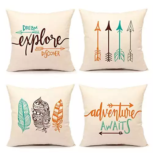 Birsppy Sambosk Inspirational Quote Throw Pillow Case Cushion Cover Decorative Cotton Linen 18" x 18" Set of 4(Adventure Awaits,Dream Explore Discover, Ethnic Arrows, Feathers)