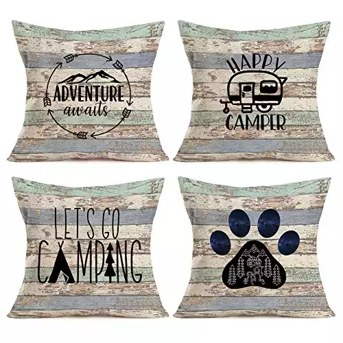 Asamour Camping Vintage Wood Home Decor Pillowcase Happy Camper Quotes Saying with RV Travel Car Tent Mountain Tree Decorative Throw Pillow Case Cushion Cover 18’’x18’’ Set of 4