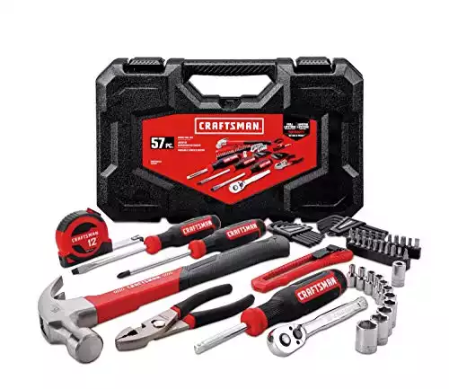CRAFTSMAN Home Tool Kit / Mechanics Tool Set, 57-Piece, Hammer, Screwdrivers, Drill Bits, Sockets, Ratchet, Hex Keys, Tape Measure, Pliers and More (CMMT99446)