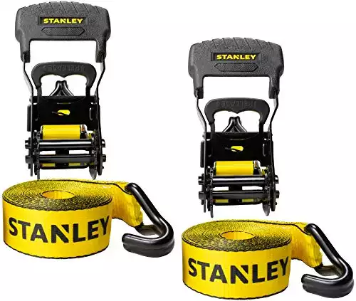STANLEY S1007 Black/Yellow 1.5" x 16' Ratchet Tie Down Straps - Heavy Cargo Securing (3,300 lbs Break Strength), 2 Pack
