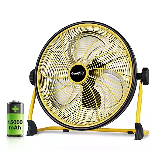 Geek Aire 19200mAh Rechargeable Battery Operated Floor Fan, Powered Fast Air Circulating Fan, Up to 30 Hours, Portable Metal Fan for Outdoor Camper Golf Car, Travel Hurricane or Indoor, 12-Inch