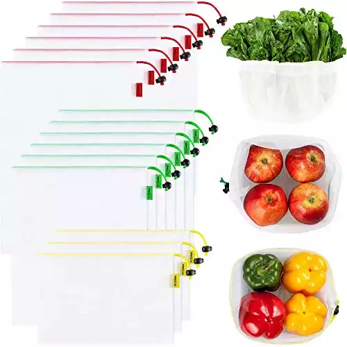 Ecowaare 15 Pcs Reusable Produce Bags,3 Sizes Washable and See-Through Mesh Bags for Grocery Shopping, Fruits and Vegetables, with Colorful Tare Weight Tags,3 Small 6 Medium & 6 Large