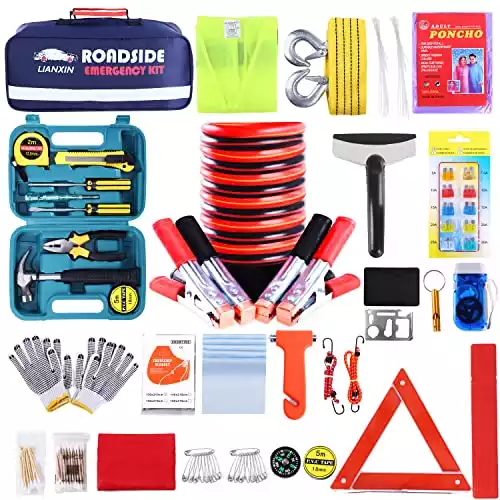 LIANXIN Roadside Assistance Emergency Kit - Car Emergency Kit with Jumper Cables (Upgraded) Emergency Roadside Kit for Car 142 Pieces Car Safety Kits,Tow Strap,Tool Kit,Reflective Warning Triangle