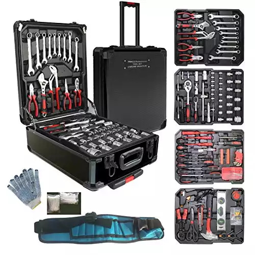 Arcwares 799pcs Aluminum Trolley Case Tool Set Silver, House Repair Kit Set, Household Hand Tool Set, with Tool Belt,Gift on Father's Day (Black)