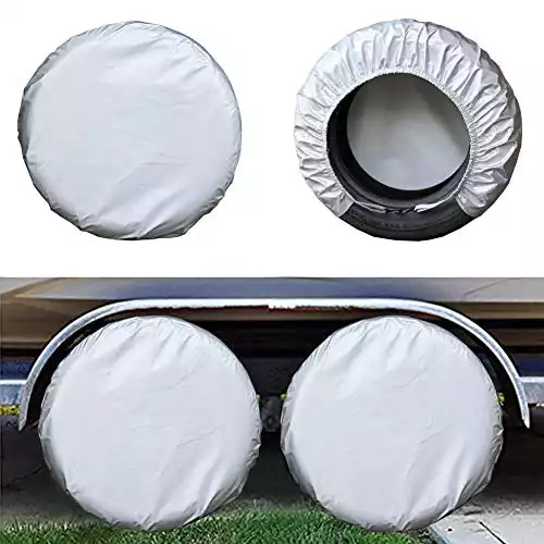 kayme Rv Tire Covers Set of 4, Travel Trailer Camper Truck SUV Motorhome Sun Rain Snow Protector, Waterproof Wheel Cover, Fit 33-35 Inch Tire Diameter/Silver