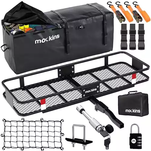 Mockins 60x20x6 Folding Cargo Carrier Hitch Mount Steel Rack 500lb Cap & 16 Cu Ft Soft Shell Waterproof Cargo Bag | Tow Hitch Cargo Basket, Hitch Tightener & Accessories |2" Receiver Carg...
