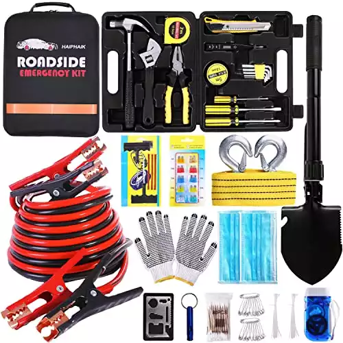 HAIPHAIK Car Emergency Roadside Kit- Safety Kits for Cars, Car Jumper Cables Kit 11.8 Foot (Upgrade) 124 Pcs Car Tool Kit,Tow Strap, Folding Survival Shovel