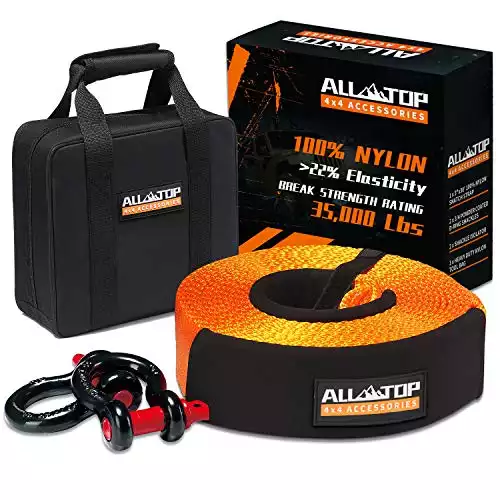 ALL-TOP Heavy Duty Tow Strap Recovery Strap Kit : 3 inch x 30 ft (35,000 lbs) 100% Nylon and 22% Elongation Snatch Strap + 3/4 D Ring Shackles (2pcs) + Storage Bag