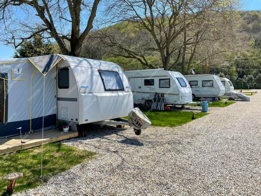 travel trailer with open tent parked caravan campsite riva istanbul turkey april 04 2022