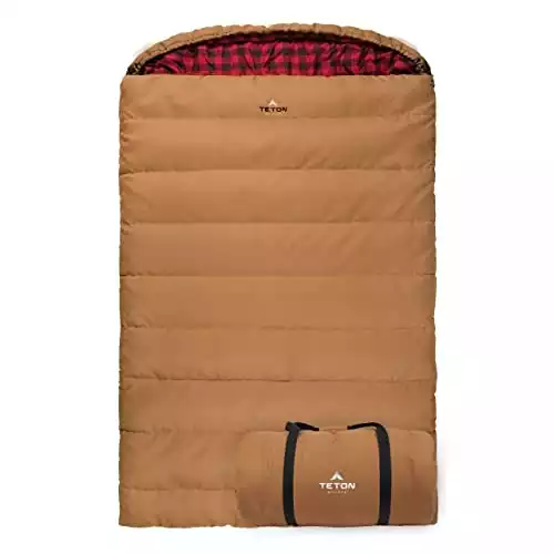 TETON Sports Canvas Mammoth Queen-Size Double Sleeping Bag; Warm and Comfortable for Family Camping , Brown Canvas, 94" x 62"