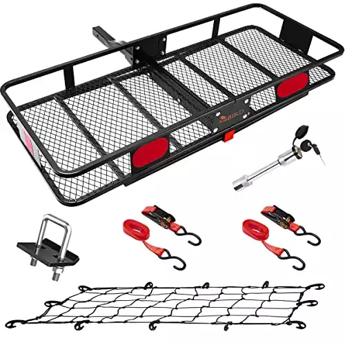 King Bird Folding Hitch Mount Cargo Carrier 60x24x6 with Hitch Lock & Hitch Stabilizer & Cargo Net & Ratchet Straps Fits to 2'' Receiver,550LBS Capacity Cargo Basket | Trailer To...