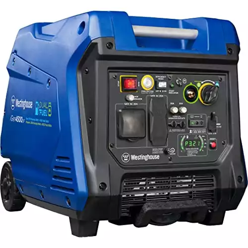 Westinghouse 4500 Peak Watt Super Quiet Dual Fuel Portable Inverter Generator, Remote Electric Start, Gas & Propane Powered, RV Ready 30A Outlet, Parallel Capable,Blue/Black