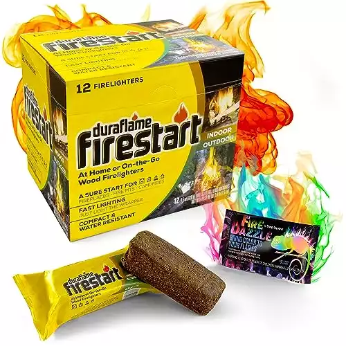 Fire Starter for Indoor and Outdoor Use - Quick Ignition Fire Logs for BBQ, Fireplace, Fire Pit and Campfires (12 Pack) - with Bonus Fire Color Changing Packet